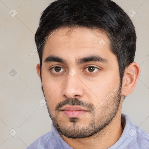 Neutral white young-adult male with short  black hair and brown eyes