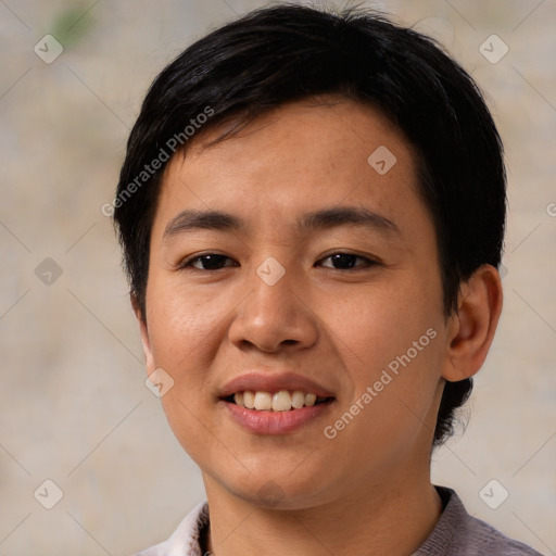 Joyful asian young-adult female with medium  black hair and brown eyes