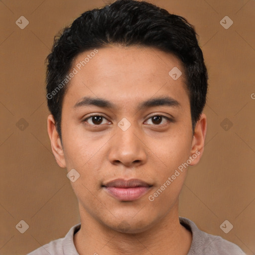 Neutral latino young-adult male with short  black hair and brown eyes