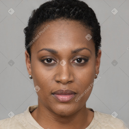 Neutral black young-adult female with short  black hair and brown eyes