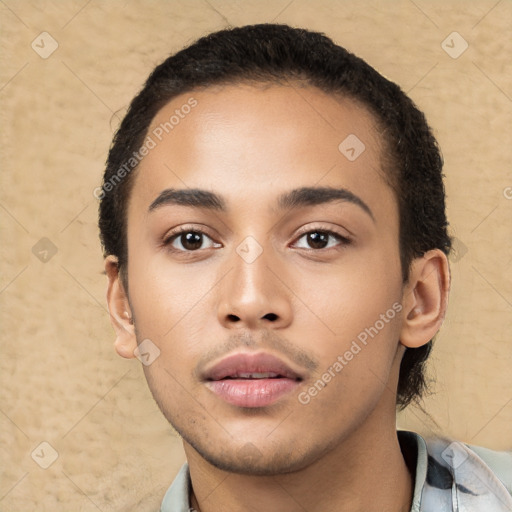 Neutral latino young-adult male with short  black hair and brown eyes