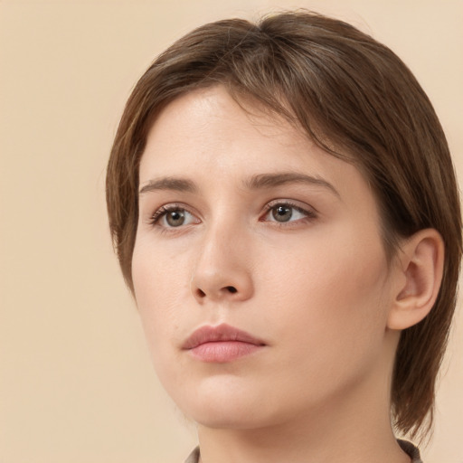 Neutral white young-adult female with medium  brown hair and brown eyes