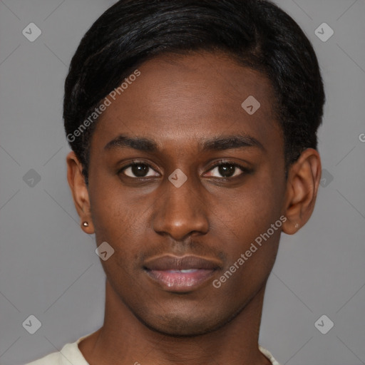 Neutral black young-adult male with short  brown hair and brown eyes