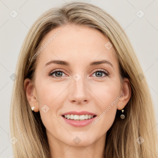 Joyful white young-adult female with long  brown hair and grey eyes