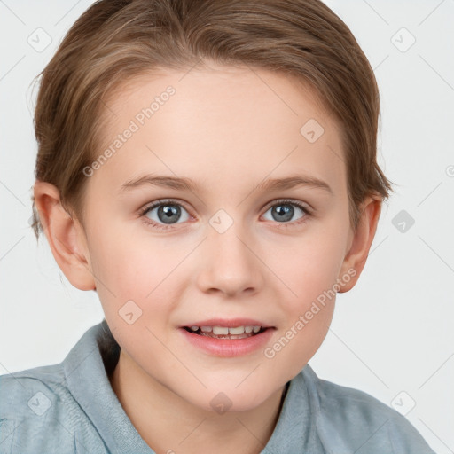 Joyful white child female with short  brown hair and grey eyes