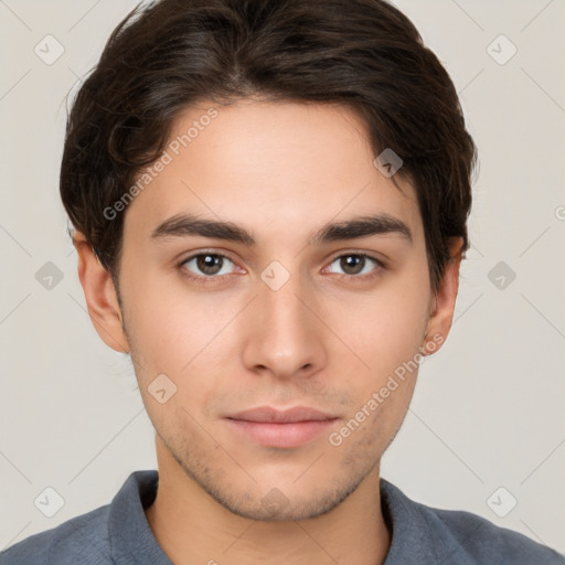 Neutral white young-adult male with short  brown hair and brown eyes