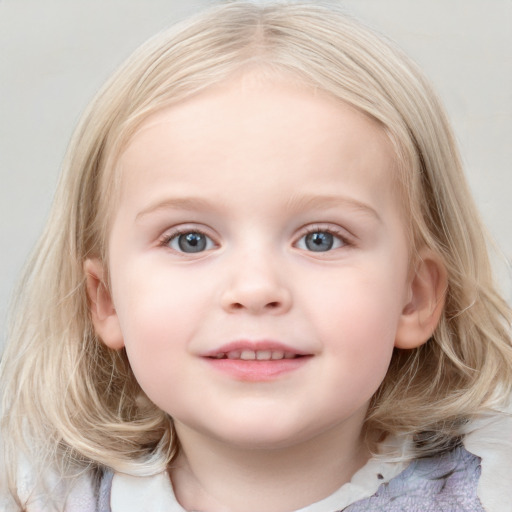 Joyful white child female with medium  brown hair and blue eyes