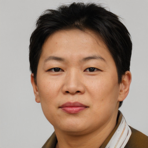 Joyful asian adult female with short  brown hair and brown eyes