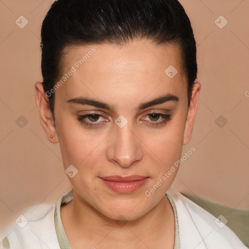 Joyful white young-adult female with short  brown hair and brown eyes