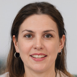 Joyful white adult female with medium  brown hair and grey eyes