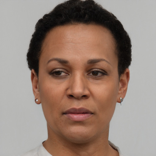Neutral black adult female with short  black hair and brown eyes