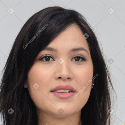 Joyful asian young-adult female with long  brown hair and brown eyes