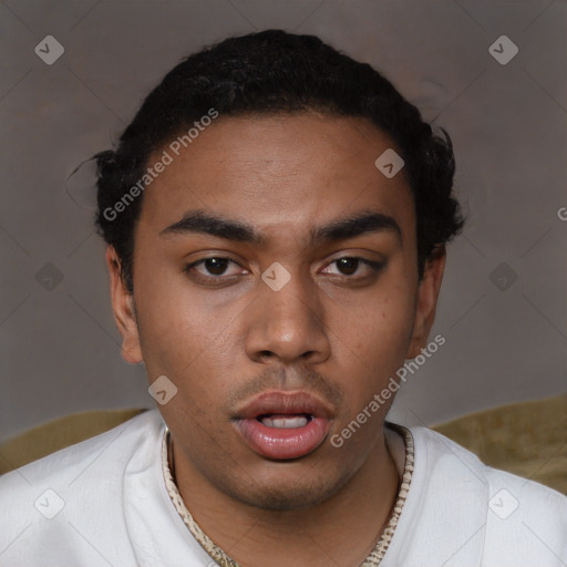 Neutral latino young-adult male with short  black hair and brown eyes