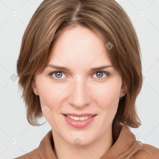 Joyful white young-adult female with medium  brown hair and blue eyes