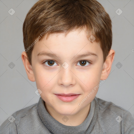 Joyful white child male with short  brown hair and brown eyes