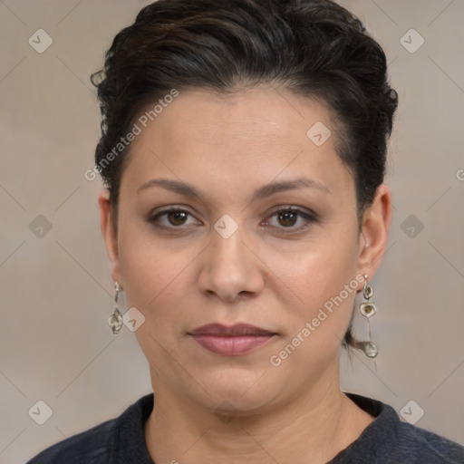 Joyful white adult female with medium  brown hair and brown eyes