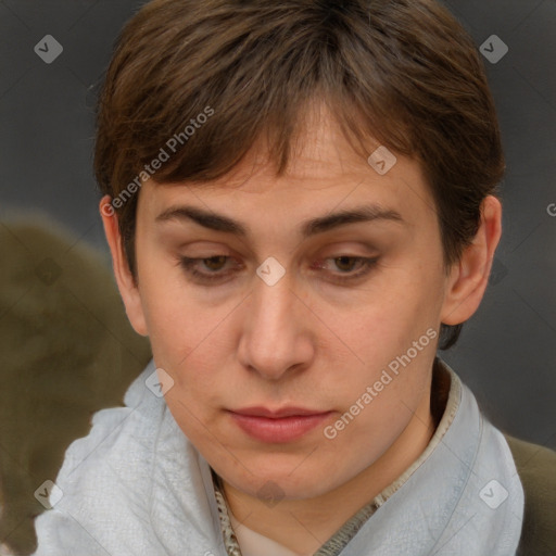 Neutral white adult female with short  brown hair and brown eyes