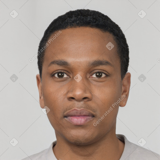 Neutral black young-adult male with short  black hair and brown eyes