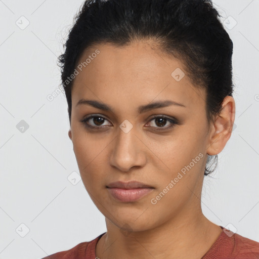 Neutral latino young-adult female with short  brown hair and brown eyes