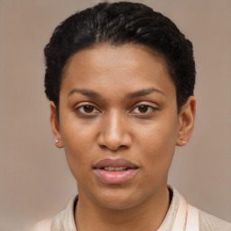 Joyful latino young-adult female with short  brown hair and brown eyes