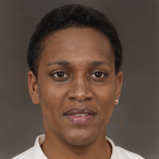 Joyful black adult female with short  brown hair and brown eyes