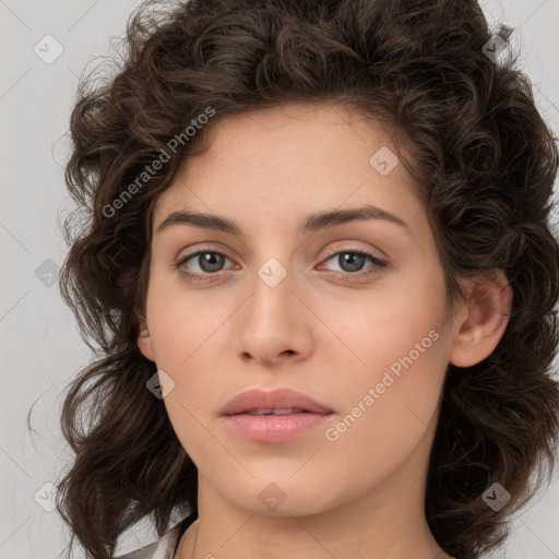 Neutral white young-adult female with medium  brown hair and brown eyes