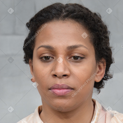 Neutral black young-adult female with short  brown hair and brown eyes