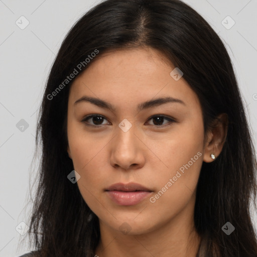 Neutral latino young-adult female with long  brown hair and brown eyes