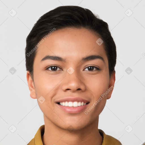 Joyful latino young-adult female with short  black hair and brown eyes