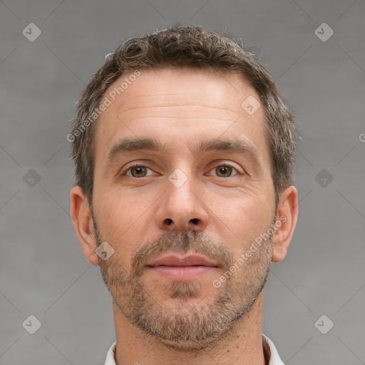 Neutral white adult male with short  brown hair and brown eyes