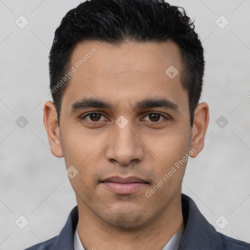 Neutral white young-adult male with short  black hair and brown eyes