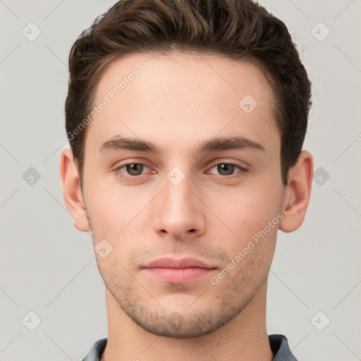 Neutral white young-adult male with short  brown hair and brown eyes