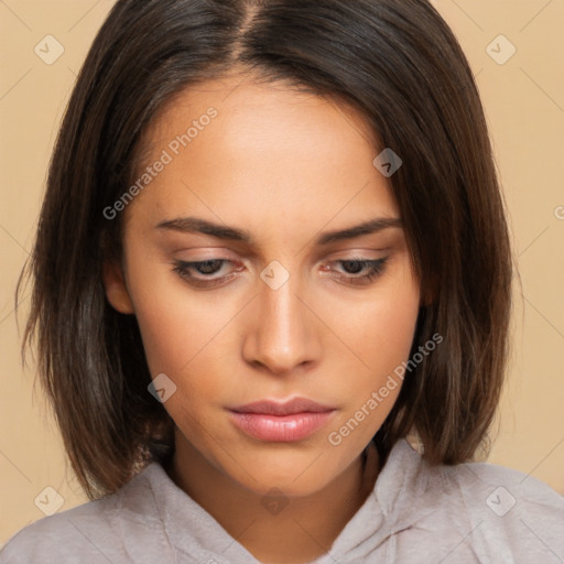 Neutral white young-adult female with medium  brown hair and brown eyes