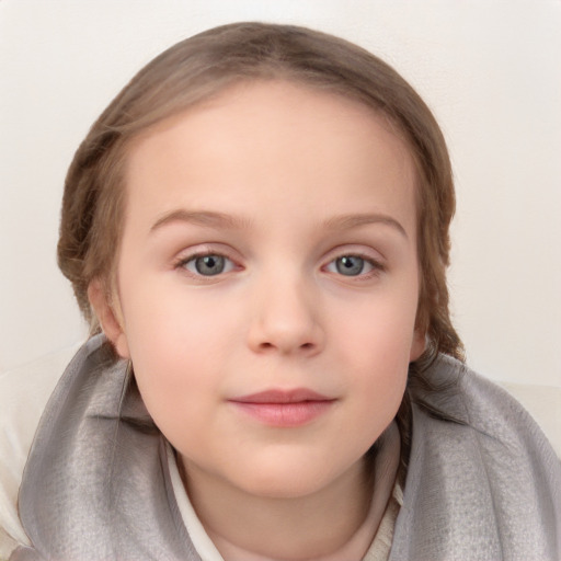 Neutral white child female with medium  brown hair and blue eyes