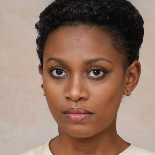 Neutral black young-adult female with short  black hair and brown eyes