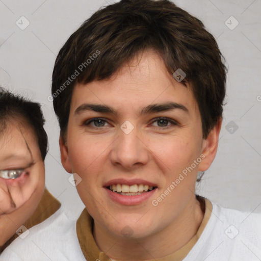 Joyful white young-adult female with short  brown hair and brown eyes