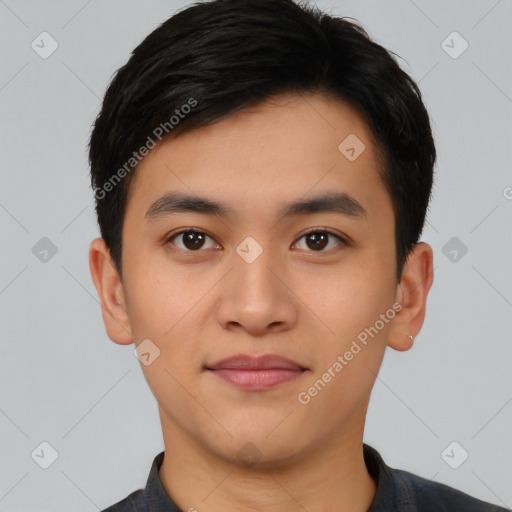 Neutral asian young-adult male with short  black hair and brown eyes