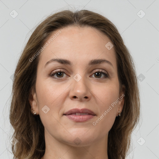 Joyful white young-adult female with medium  brown hair and grey eyes