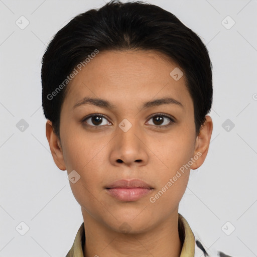 Neutral asian young-adult female with short  brown hair and brown eyes