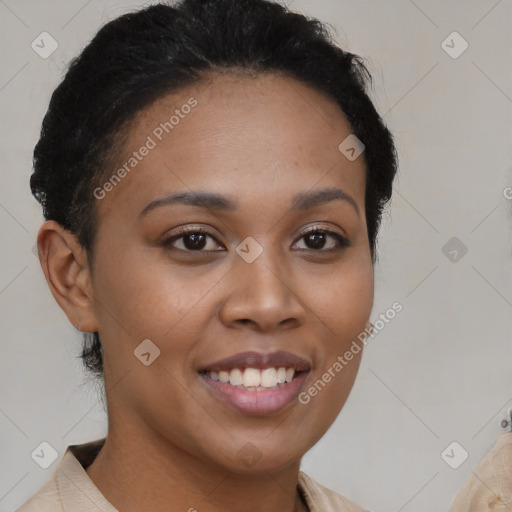 Joyful latino young-adult female with short  brown hair and brown eyes