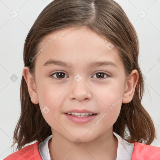 Joyful white child female with medium  brown hair and brown eyes