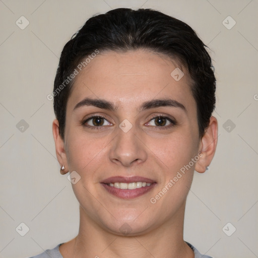 Joyful white young-adult female with short  brown hair and brown eyes