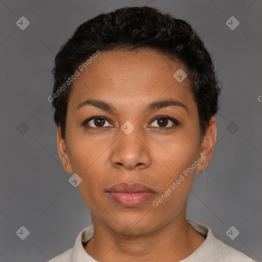 Neutral latino young-adult female with short  black hair and brown eyes