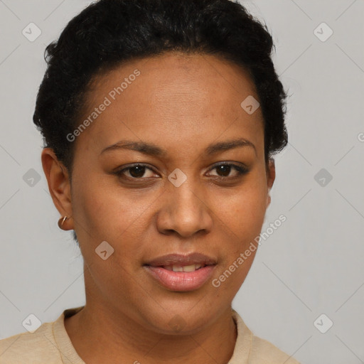 Joyful black young-adult female with short  brown hair and brown eyes