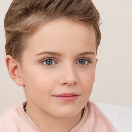 Neutral white child female with short  brown hair and grey eyes