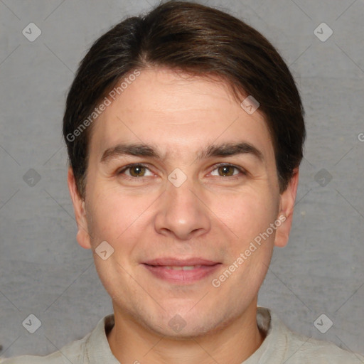 Joyful white adult male with short  brown hair and brown eyes