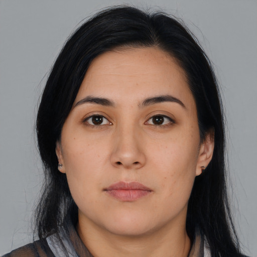 Neutral asian young-adult female with medium  black hair and brown eyes