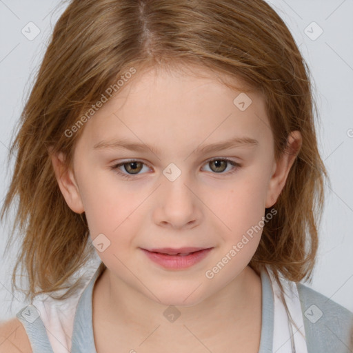 Joyful white child female with medium  brown hair and brown eyes