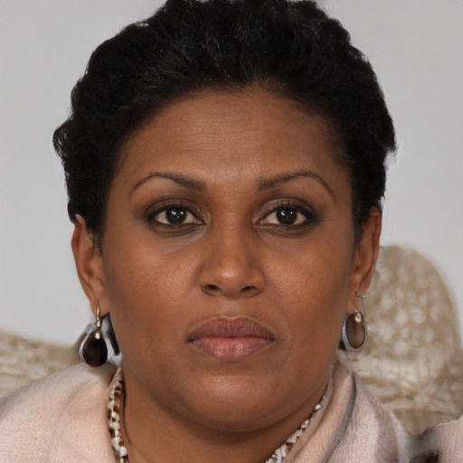 Neutral black adult female with short  brown hair and brown eyes