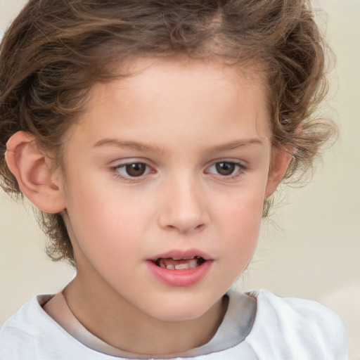 Joyful white child female with short  brown hair and brown eyes